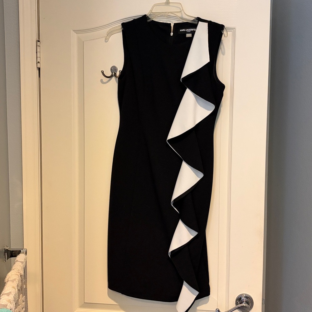 Karl Lagerfeld Black Dress with White Asymmetrical Ruffle - Picture 2 of 4